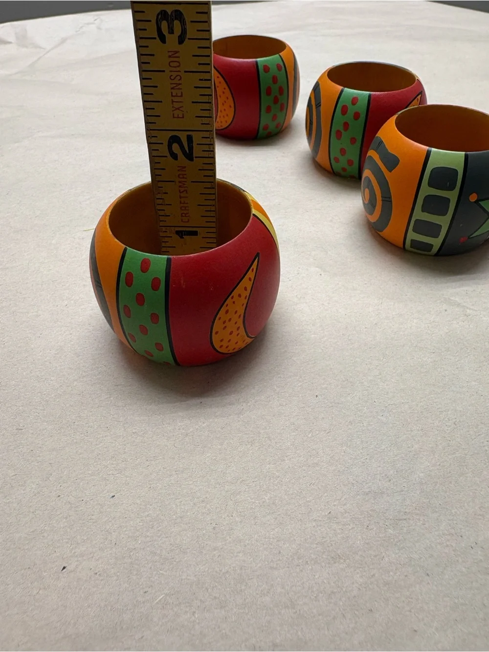 Colorful Hand-Painted Wooden Napkin Ring Set - Bright Orange & Multi